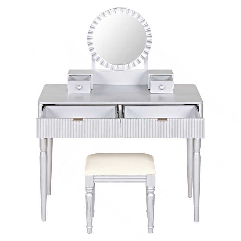 Luxury Vanity Desk With Round Mirror,Height-Adjustable, Stylish Dressing Table Set, 4 Drawers & Stool