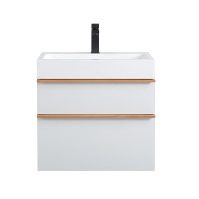Meuble-lavabo mural blanc de 24 po, lavabo en acrylique, glissières de tiroir à fermeture en douceur, poignées personnalisées en bois véritable bicolore, boîtes de rangement, avec tiroirs, surface mate