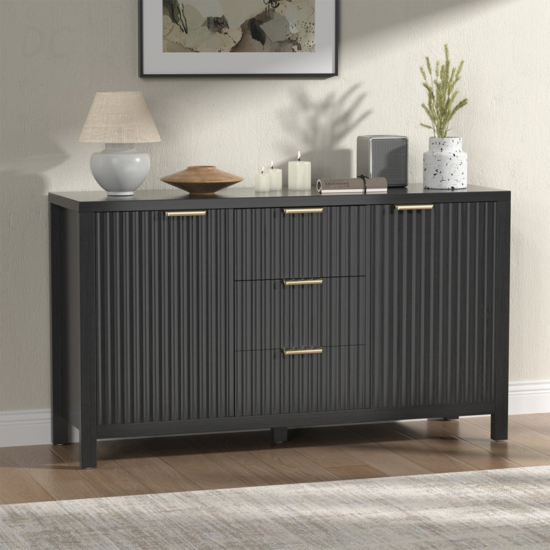 Buffet avec armoire à crédence cannelée avec deux portes et trois tiroirs pour la cuisine et le salon, noir, buffet
