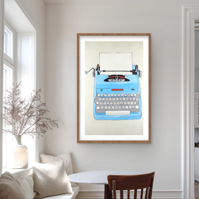 Blue Typewriter Machine Print - Framed Matted Home Decor
