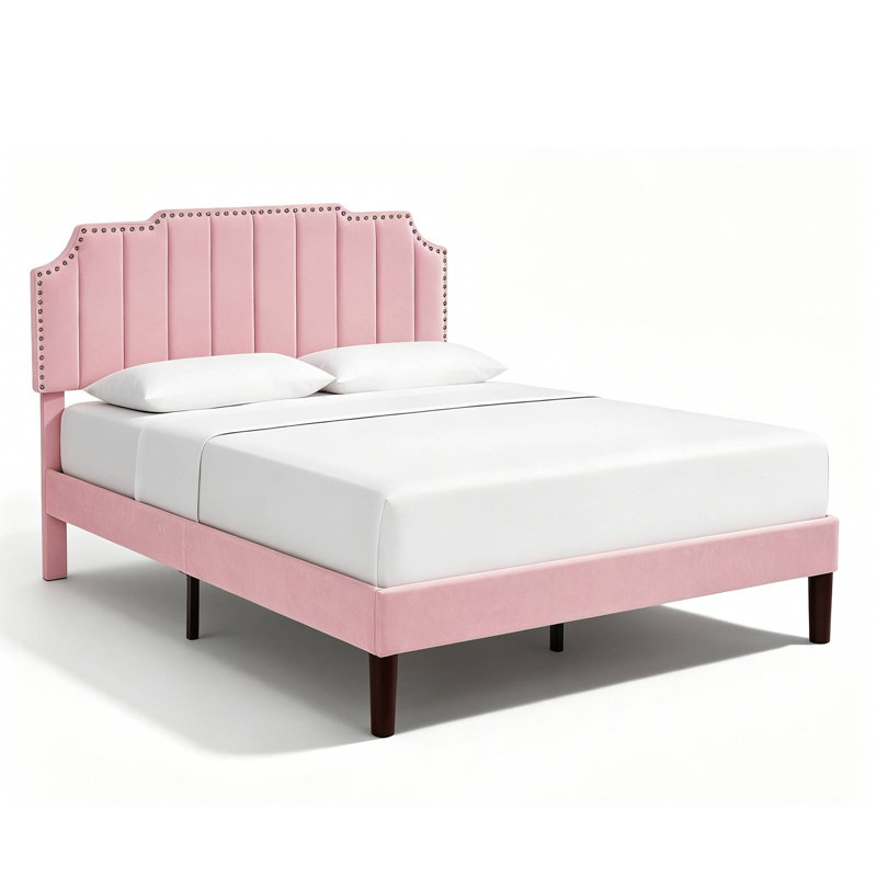 Queen Size Pink Velvet Platform Bed with Nailhead Trim Headboard, Upholstered Bed Frame No Box Spring Needed, Modern Blush Pink Bed for Bedroom
