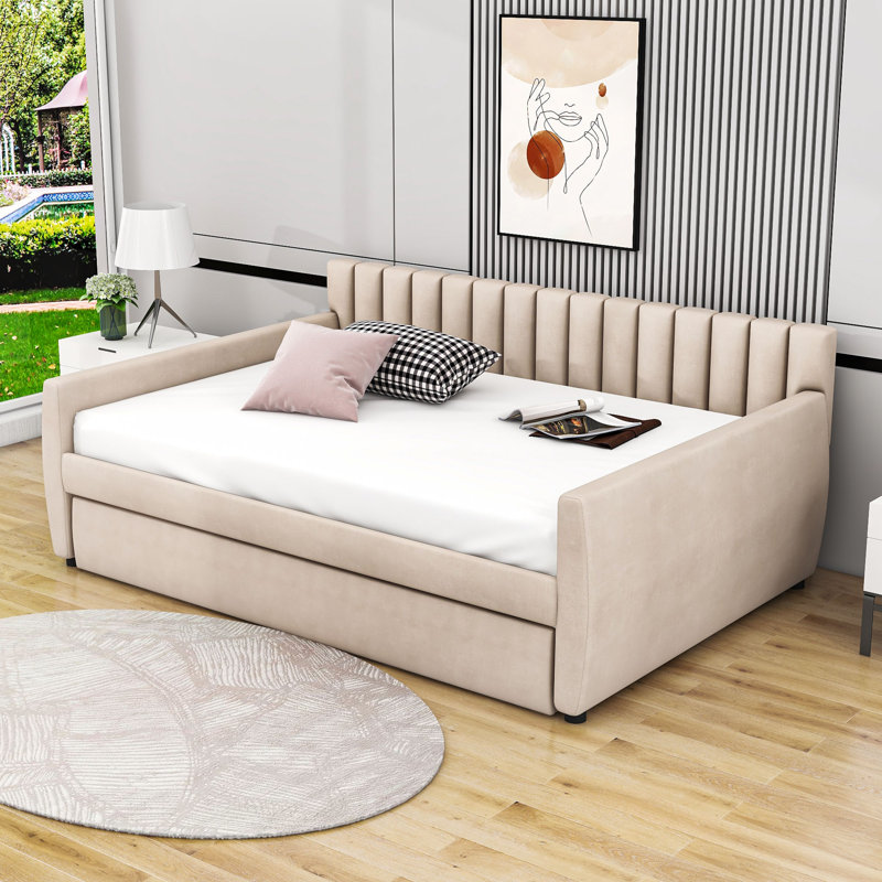 Balpreet Full Size Upholstered Daybed with Trundle and Wood Slats Support, Beige