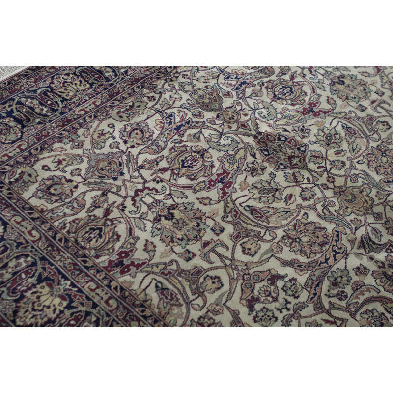 Tapis beige et bleu marine noué à la main de haute qualité