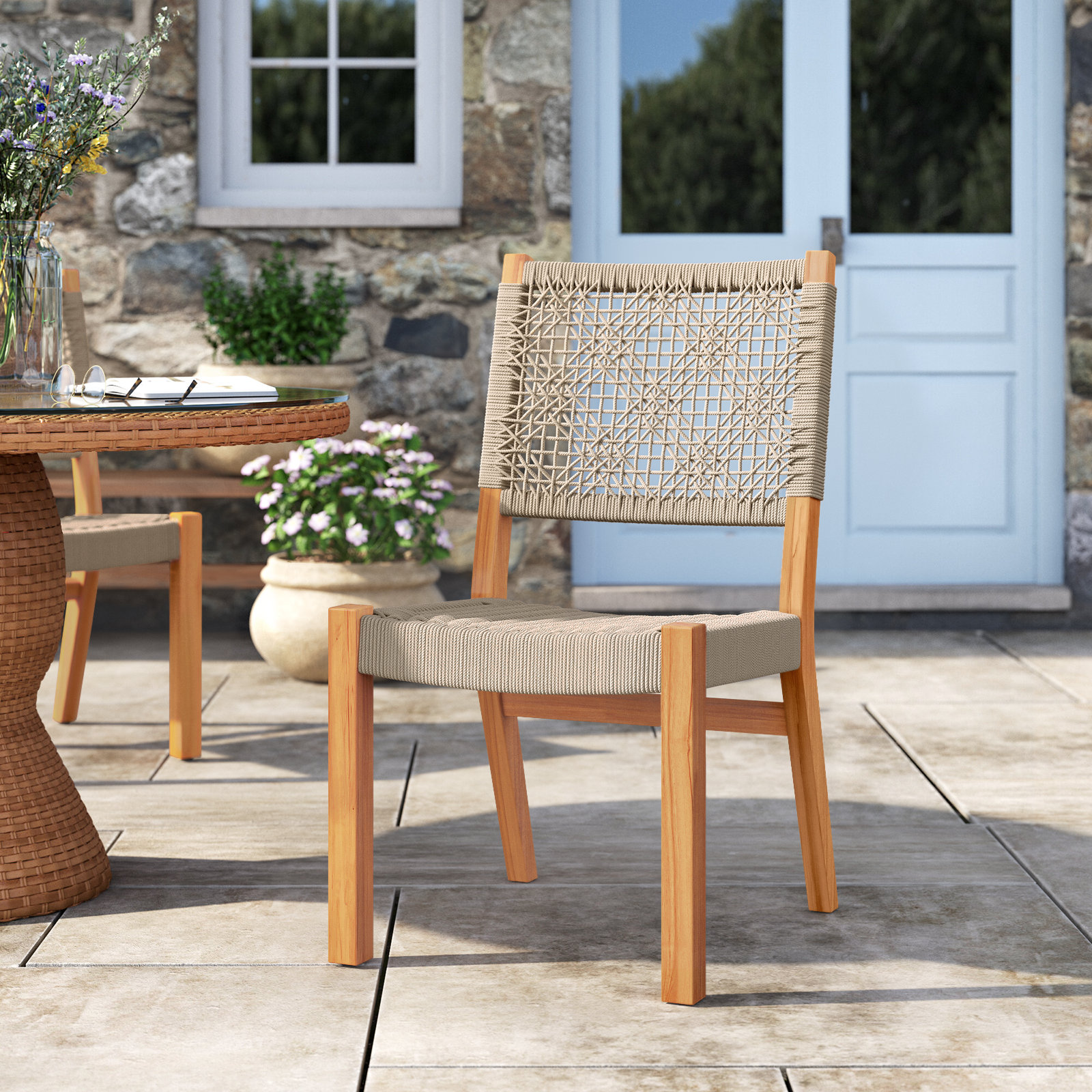 Seras Wood Premium All-Weather Wicker Outdoor Dining Side Chair, Tan
