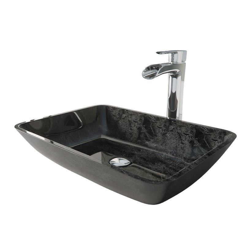 Lavabo de salle de bain vasque rectangulaire en verre avec robinet H 11 po Onyx, Chrome, Onyx gris