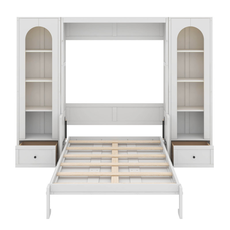 Grand lit plateforme escamotable avec tablette, armoires latérales, tiroirs et DEL, Blanc