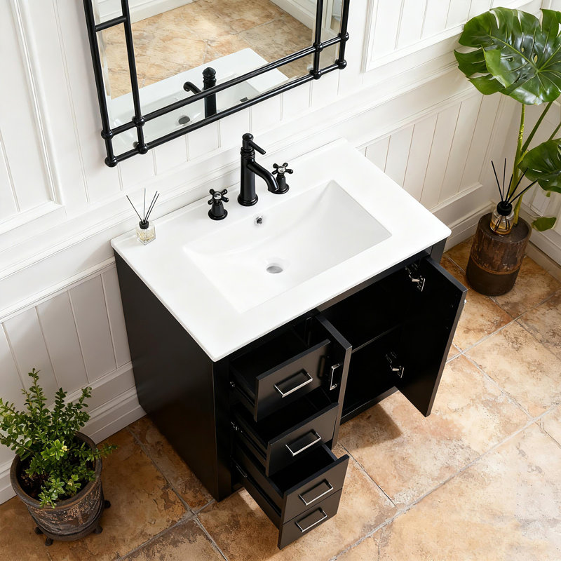 Ensemble de meuble-lavabo 30 po avec lavabo en céramique, ensemble de meuble-lavabo autoportant avec 3 tiroirs et portes à fermeture en douceur
