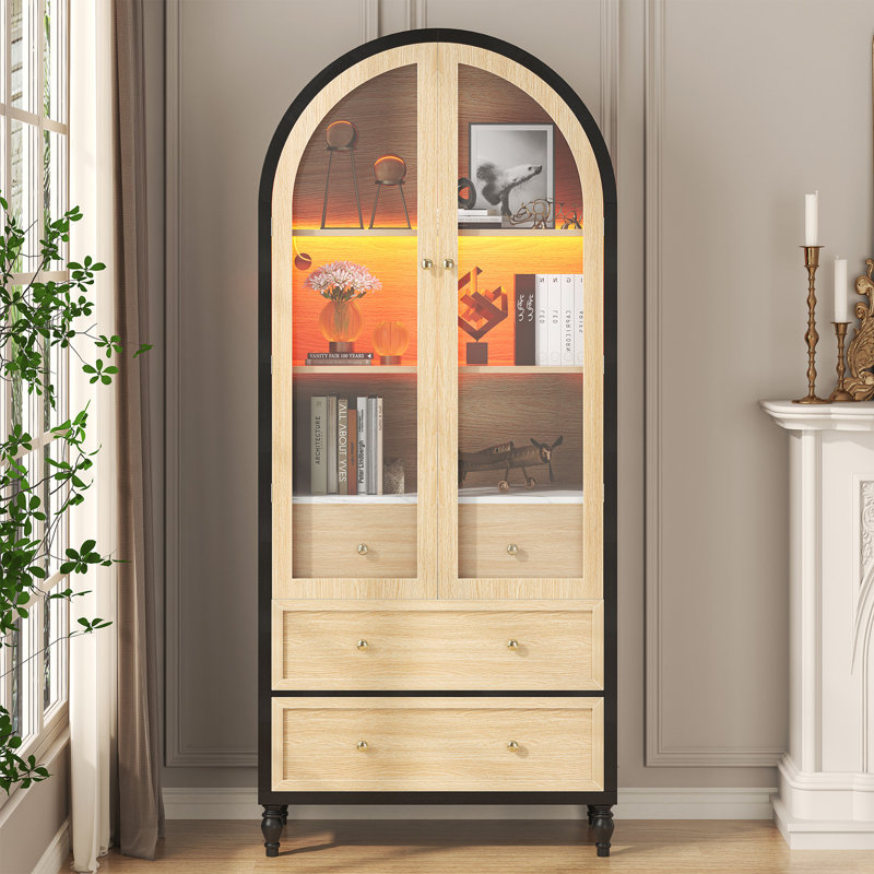73 Inch Tall Arched Storage Cabinet With Doors Arched Pantry Led Lighted Display Cabinet Bookshelf