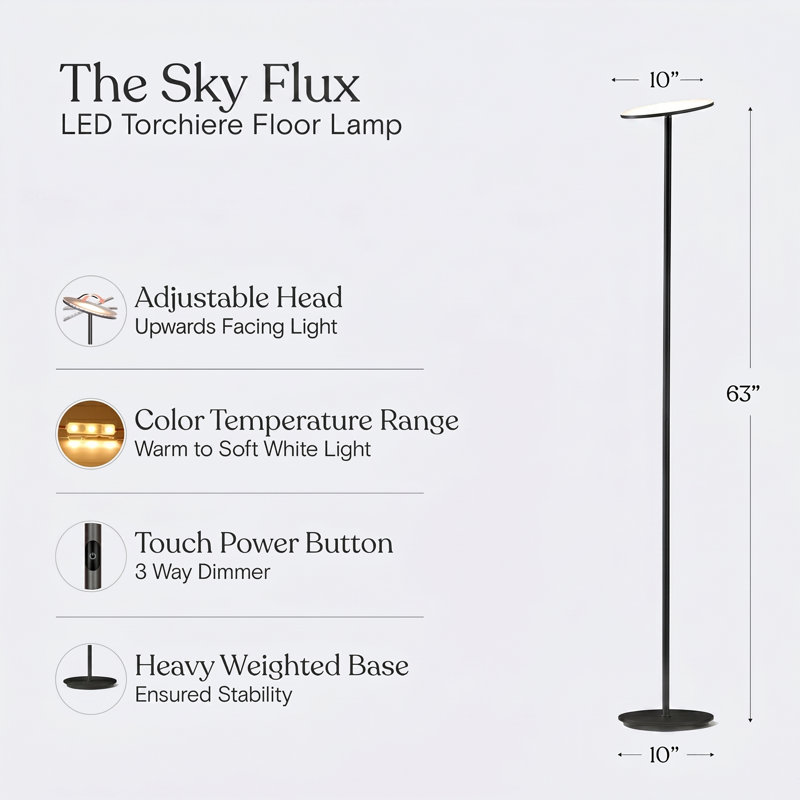 Sky Flux Industrial 63" Dimmable LED Floor Lamp with Adjustable Head, Black, 30 W