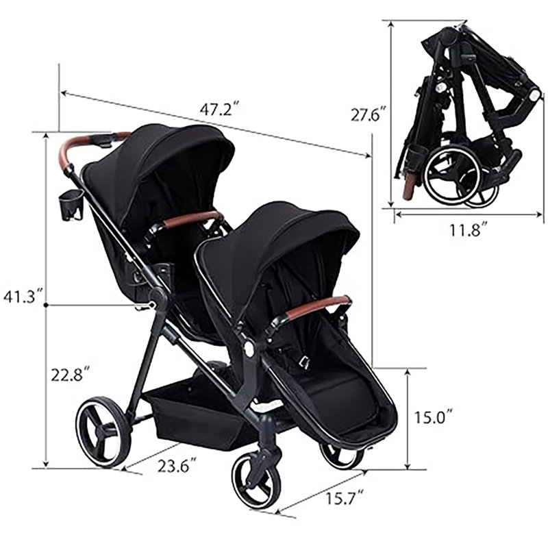 Foldable Double Stroller Track Tandem Stroller For Infant And Toddler