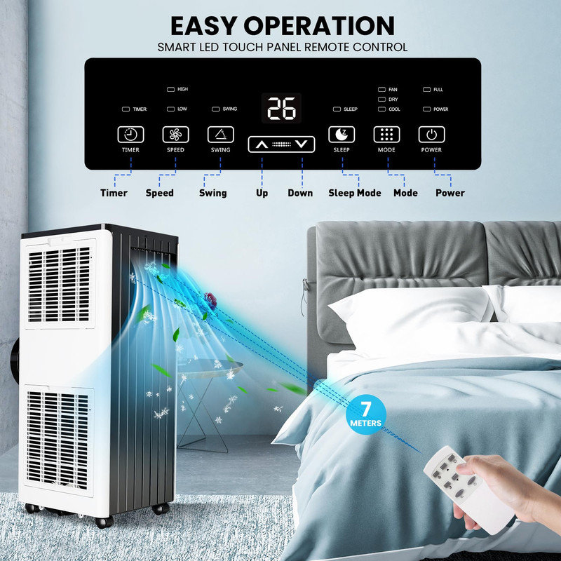 Portable Air Conditioner with Dehumidifier, 8,000 BTU Cooling for 400 Sq. Ft. Rooms, 3-in-1 AC Unit with Window Kit, Remote Control