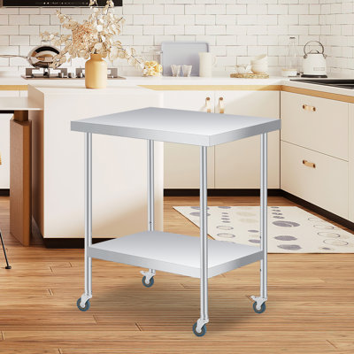 Table d'appoint de patio robuste en acier inoxydable - Table de travail extérieure à 2 niveaux avec tablette réglable et roulettes verrouillables - Mobilier de jardin, de cuisine, de garage ou de restaurant facile à nettoyer, 24 po x 24 po x 35 po