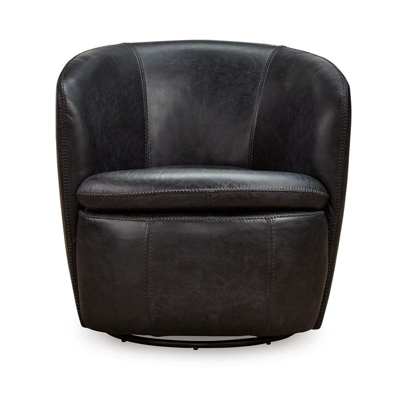 Fauteuil d'appoint pivotant Niko, conception en baril rond, cuir fleur, Cuir véritable bleu foncé