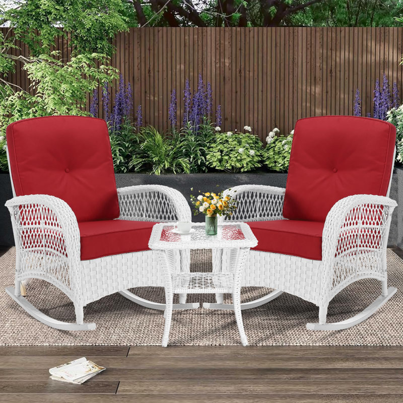 Bay Isle Home™ 3 Pieces Patio Conversation Set, Rattan Outdoor Rocking Patio Bistro Set With 2 Rockers And 1 Side Table With 4" Thick Cushions, Outdoor Furniture Set For Porch Backyard, White Wicker