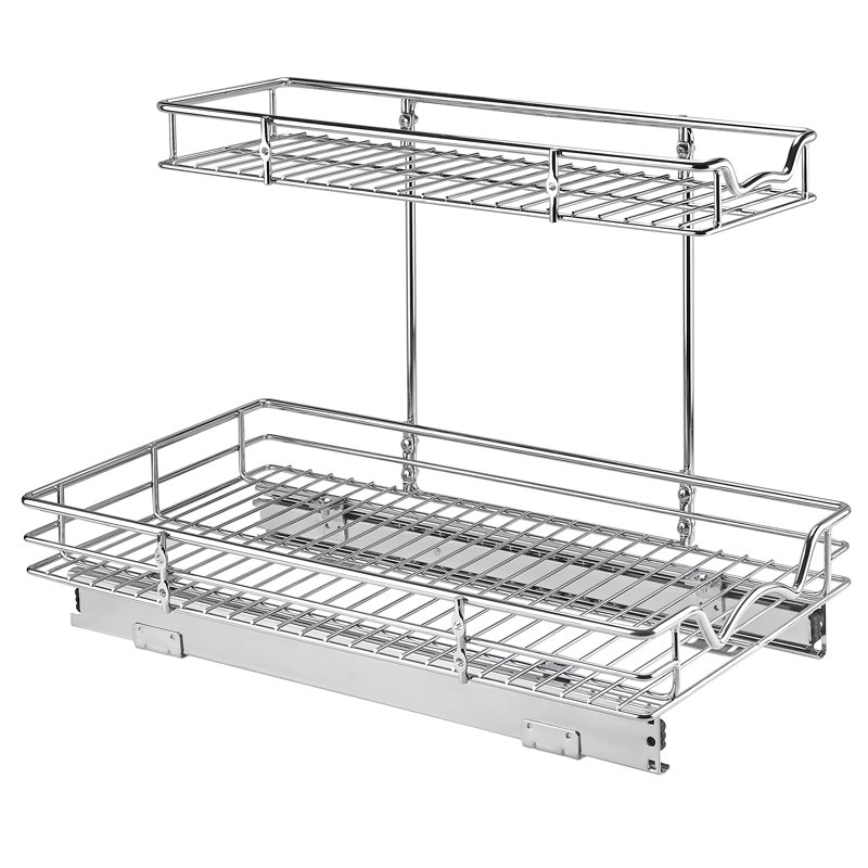 2 Tier Under Sink Organizers And Storage - Slide Out Cabinet Organizer With Sliding Drawers For Inside Cabinets-  11"W X 21"D X 15"H, Chrome.