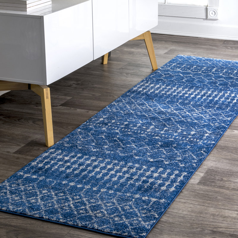 Maslah Geometric Moroccan Power Loom Performance Blue Rug, Runner 2'6" x 10'