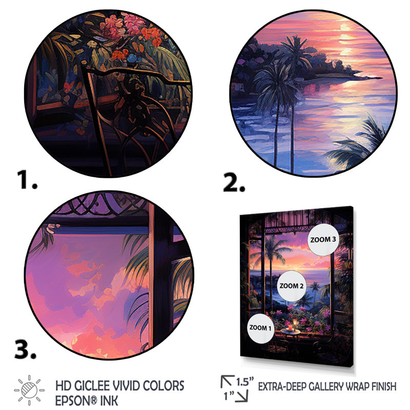 «Tropical Coastal Windows View Sunset I» - art mural fenêtres côtières, Cadre simple noir, H 20 po x l 12 po x P 1 po