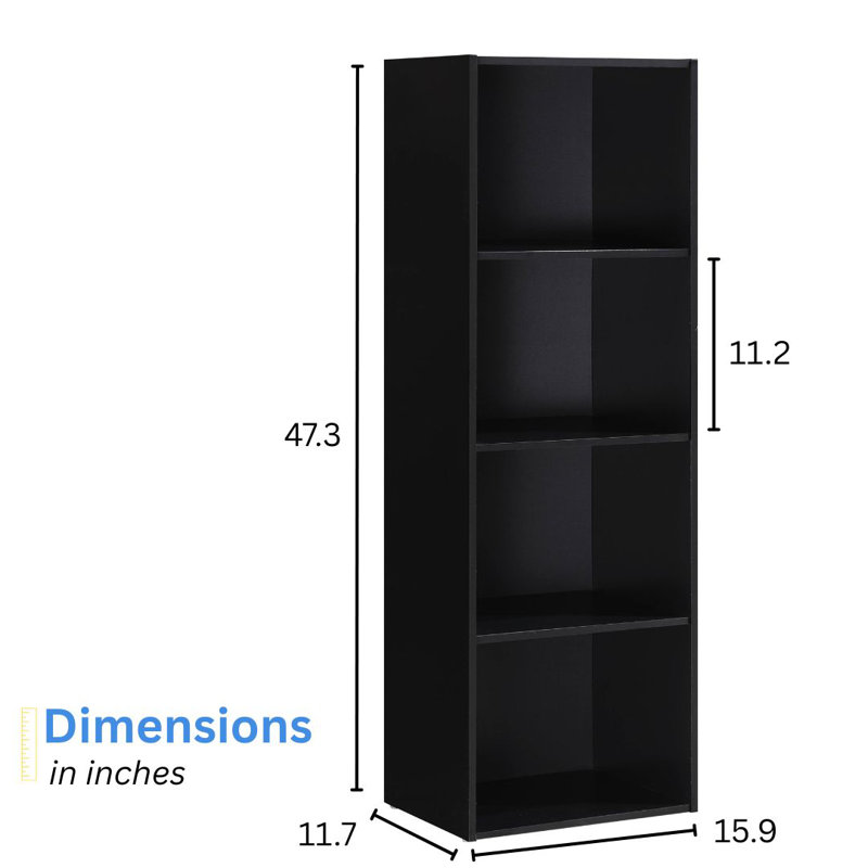 Tall Bookcase with Open Storage Bookshelf for Home or Office, Black, (4 Shelves) 47.3"H x 15.9"W x 11.7"D