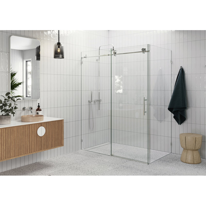 Nova 56 in. x 40 in. x 78 in. 90-degree Fully Frameless Sliding Glass Shower Enclosure, Polished Chrome