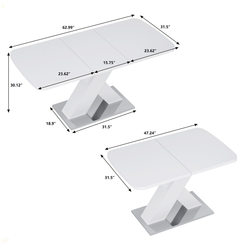 Modern Square Dining Table, Stretchable, White Table Top+MDF X-Shape Table Leg With Metal Base