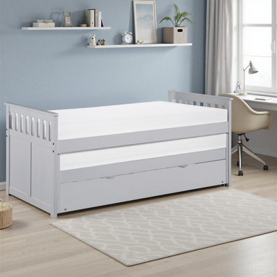 Geib Transitional Wood Twin over Twin Bed with Dual Pull-Out Trundle Beds, Integrated Supportive Slats & Foundation-Free Design