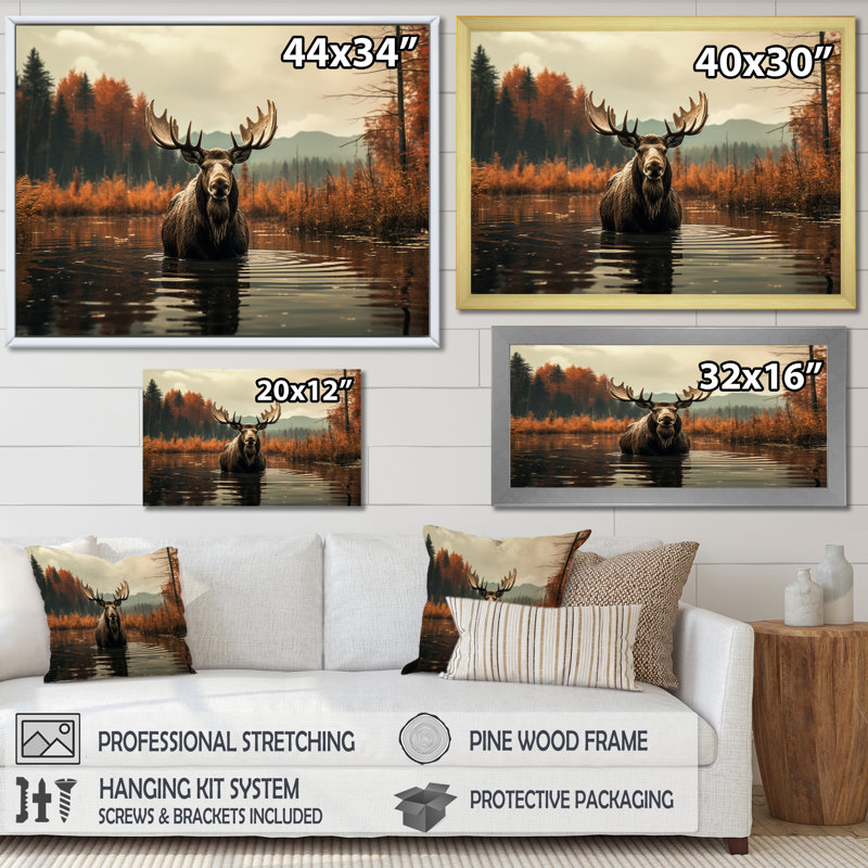 «Brown Orange Moose Autumn Palette», reproduction d'art sur toile, Cadre flottant doré, 30" H x 40" W