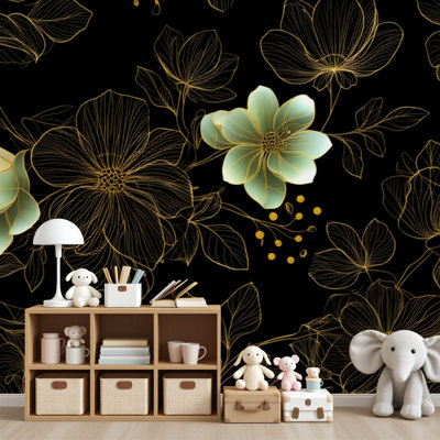 Papier peint adhésif à motif floral à lignes dorées noires botaniques rétro H 69 po x l 96 po, papier peint amovible en PVC auto-adhésif pour chambre à coucher, bureau à domicile