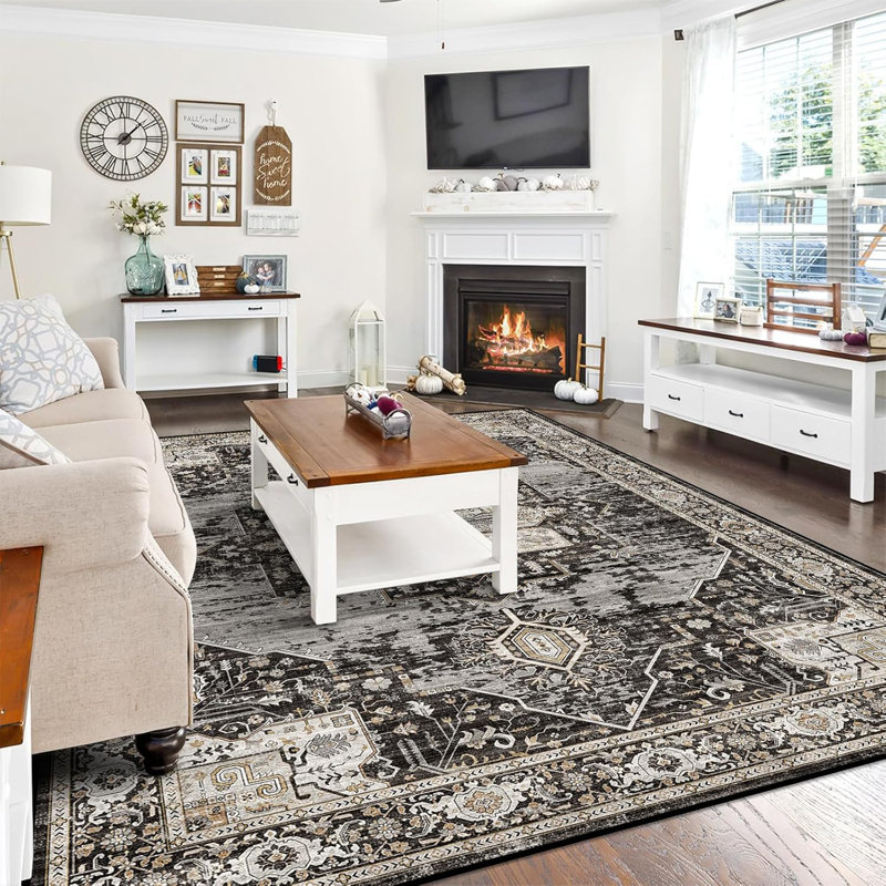 Washable 8x10 Area Rugs - Large Rugs for Living Room Stain Resistant Carpet Vintage Rugs for Bedroom with Non Slip Backing Home Decor Floor Decoration Mat (8x10 Black)