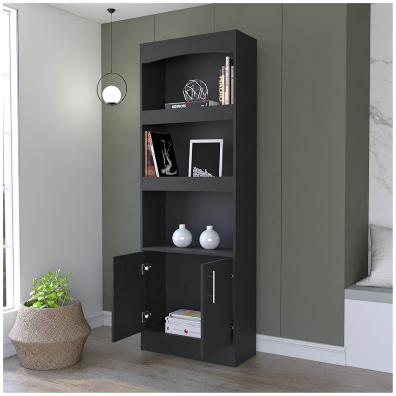 Durango Bookcase, Three Shelves, Double Door Cabinet, Black