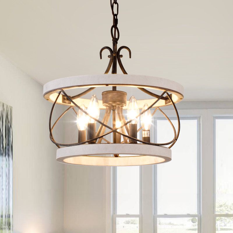 Lustre tambour en bois massif à 5 lumières Reback avec détails en métal, H 15,7 po x l 15,7 po x P 15,7 po, Blanc patiné