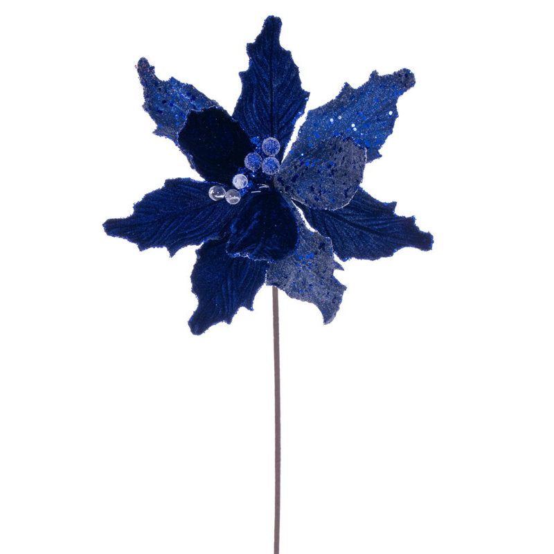 Vickerman 11.5" x 20" Velvet Sugar Poinsettia Stem. It includes three pieces per bag., Dark Blue