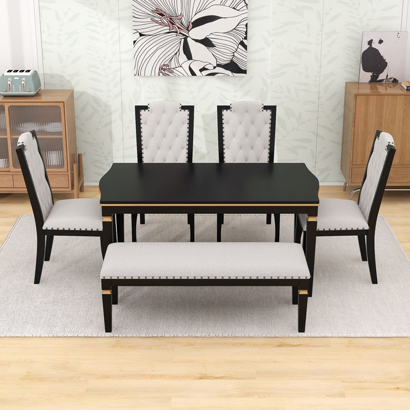 Luxury 6-Person Dining Table Set with Comfortable Upholstered Seating, Black