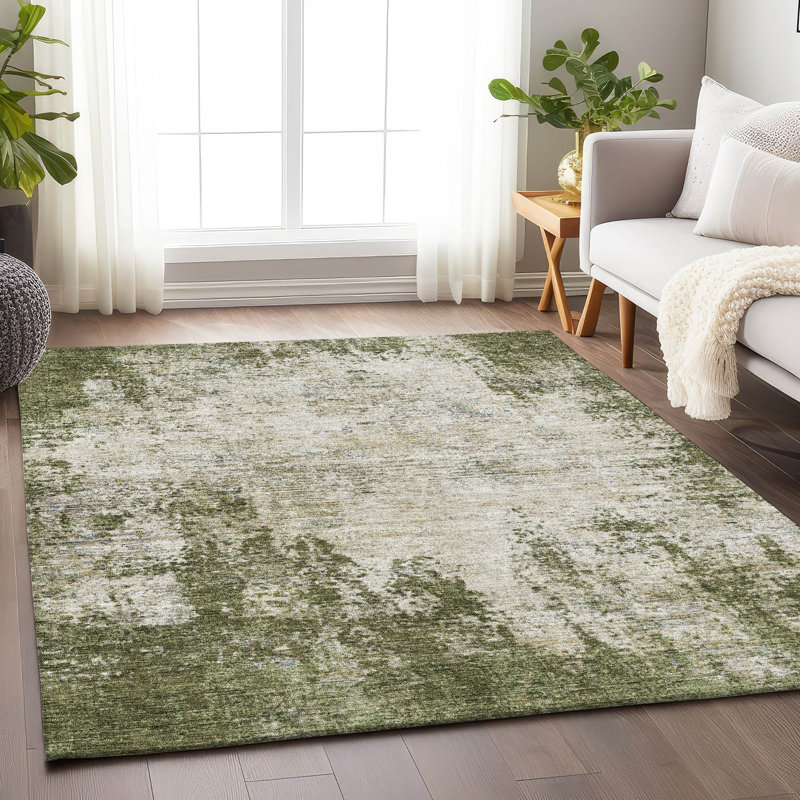 Tapis olive lavable à la machine de qualité supérieure Prisco, Rectangulaire 8 pi x 10 pi
