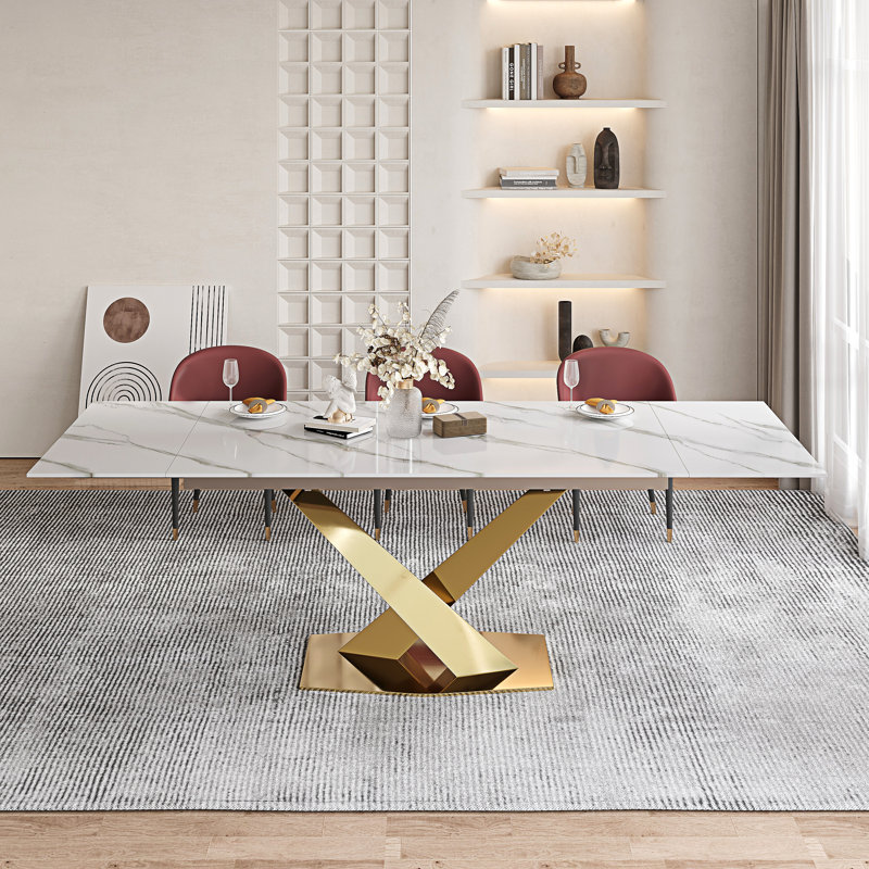 63" To 94.5" Extendable Dining Table For 8-10 With Rectangular Sintered Stone Dining Top And Steel Base, Gold