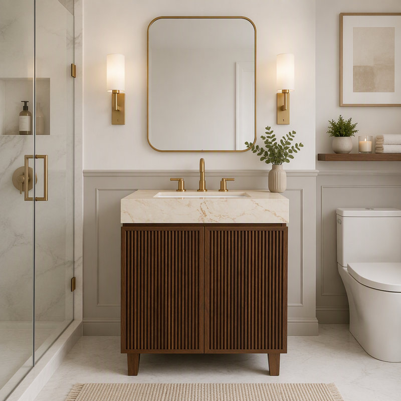 24" Freestanding Bathroom Vanity with Sintered Stone Top, Undermount Ceramic Basin and Soft-Close Doors, Beige+Gold,Walnut