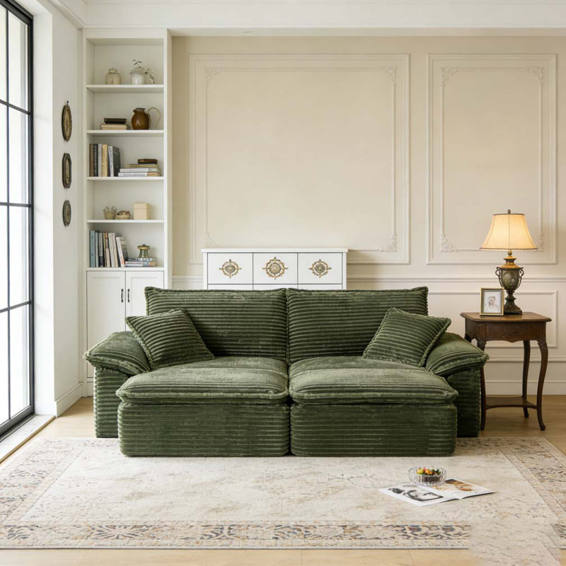 81" Sectional Sofa - Oversized Corduroy Cloud Couch with Movable Ottoman, Green