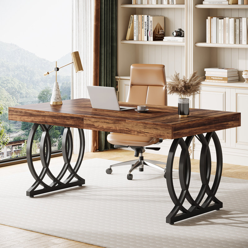 63" Executive Desk With Metal Base, Rustic Brown/Black