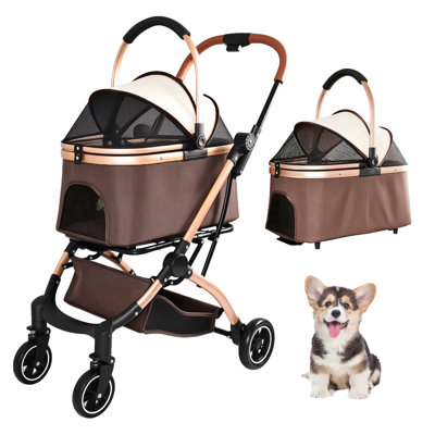 2-in-1 Detachable Pet Stroller with One-Hand Fold and Sun Canopy, Carbon Steel Frame Pet Stroller with 360° Swivel Wheels and Storage Basket, Khaki, 1 Piece