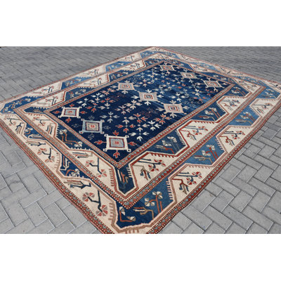 Large Blue Turkish Kazak Rug with Geometric Patterns for Vintage Style Home Decor