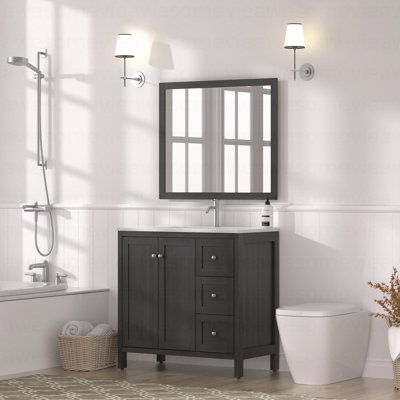 Meuble-lavabo moderne avec lavabo 35,5 po, armoire de rangement pour salle de bain avec portes à fermeture douce et 3 tiroirs, noir Munich