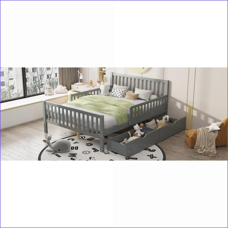 Lit plateforme double en bois de pin massif avec garde-corps et amp; 2 tiroirs gris pour la chambre principale