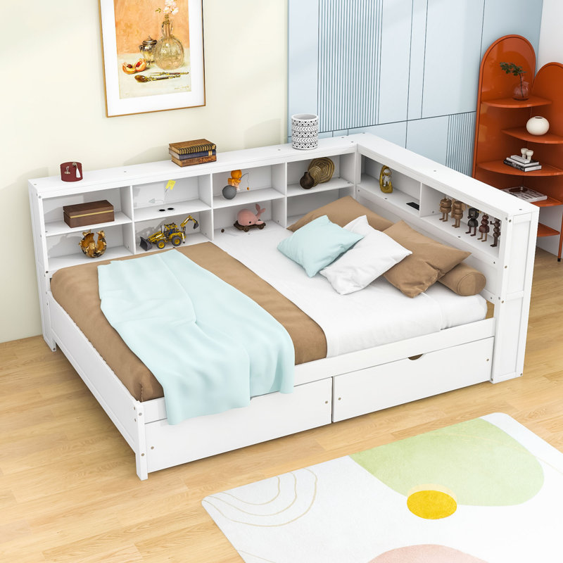 Lit de jour en bois Haileyjo avec 2 tiroirs, chargement USB et tablettes, Double, Blanc