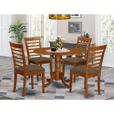 L'ensemble de 5 pièces pour salle à manger pour 4 personnes comprend une table de salle à manger ronde avec Dropleaf et 4 chaises de salle à manger rembourrées en tissu de lin, 42 x 42 pouces, brun selle