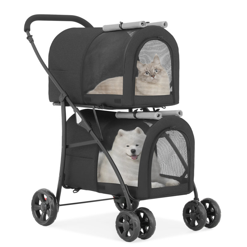 Black and Gray Double Pet Stroller with Steel Frame