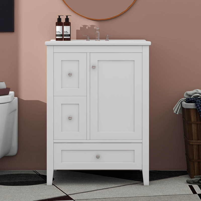 Meuble-lavabo autoportant 24 po avec 2 tiroirs de rangement 24 po avec lavabo, Blanc