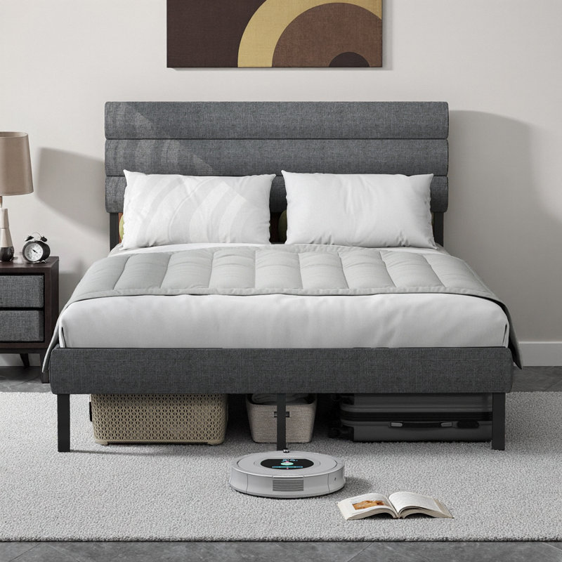 Structure de lit plateforme double avec tête de lit tapissier, aucun sommier requis, espace de rangement sous le lit de 14 po, gris et noir