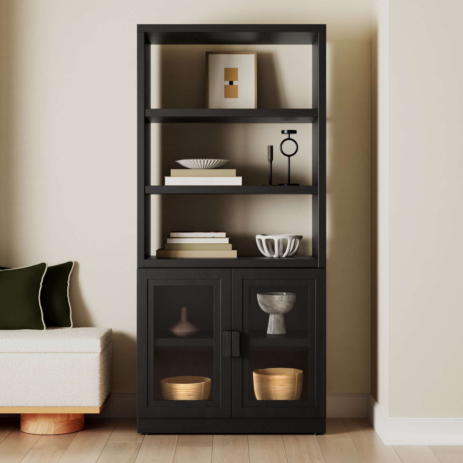 36" Glass Cabinet Bookcase, Black