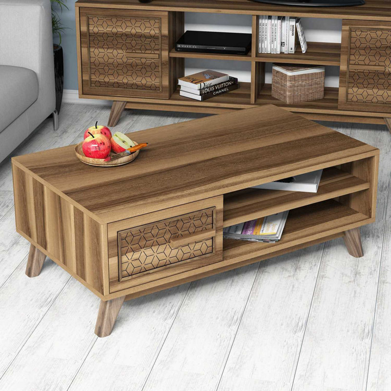 Modern Coffee Table with Numerous Shelves, Walnut Finish, 41.3 x 15.0 x 23.0 inches | 100% Melamine Coated Particle Board, Thickness: 0.7 inches | Geometric Design Perfect for Contemporary Living Rooms
