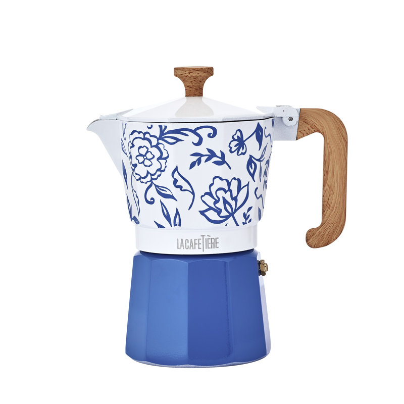La Cafetière Venice 6 Cup Espresso Maker, Blu Fiorato 290ml Aluminium Brewer with High Temperature Silicone Gasket and Wooden Handle