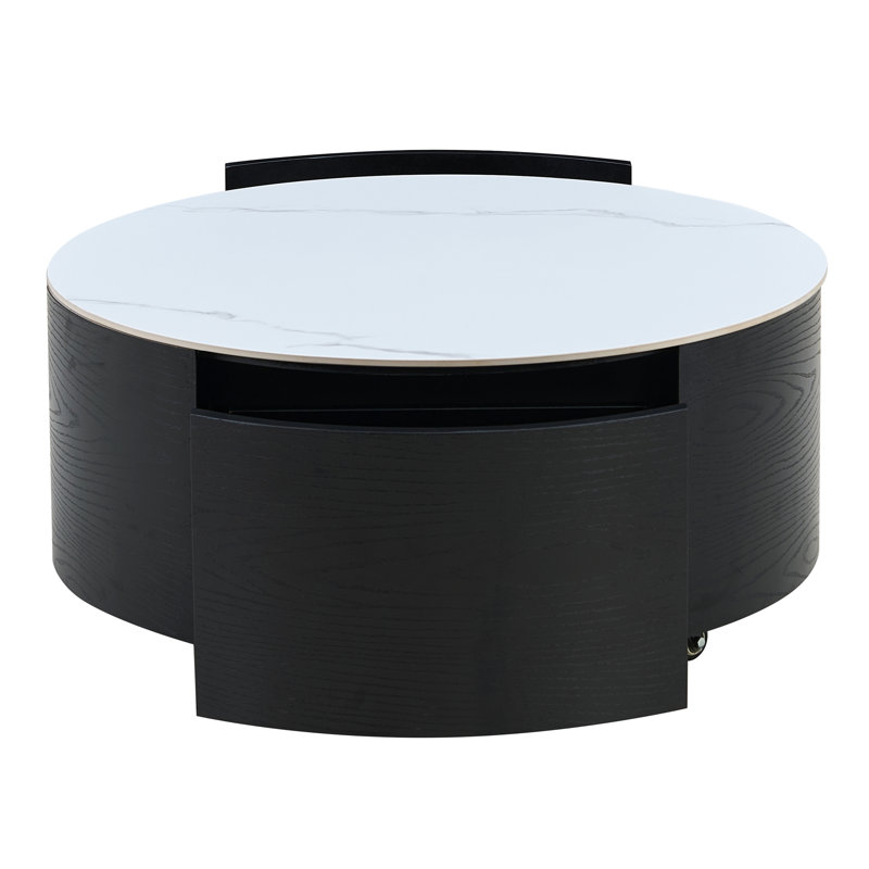 Table basse ronde moderne mobile avec roulettes, 2 tiroirs, plateau en marbre fritté à motif marbré